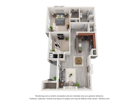 Floor plan for 1 bed, 1 bath, 1060 sqft